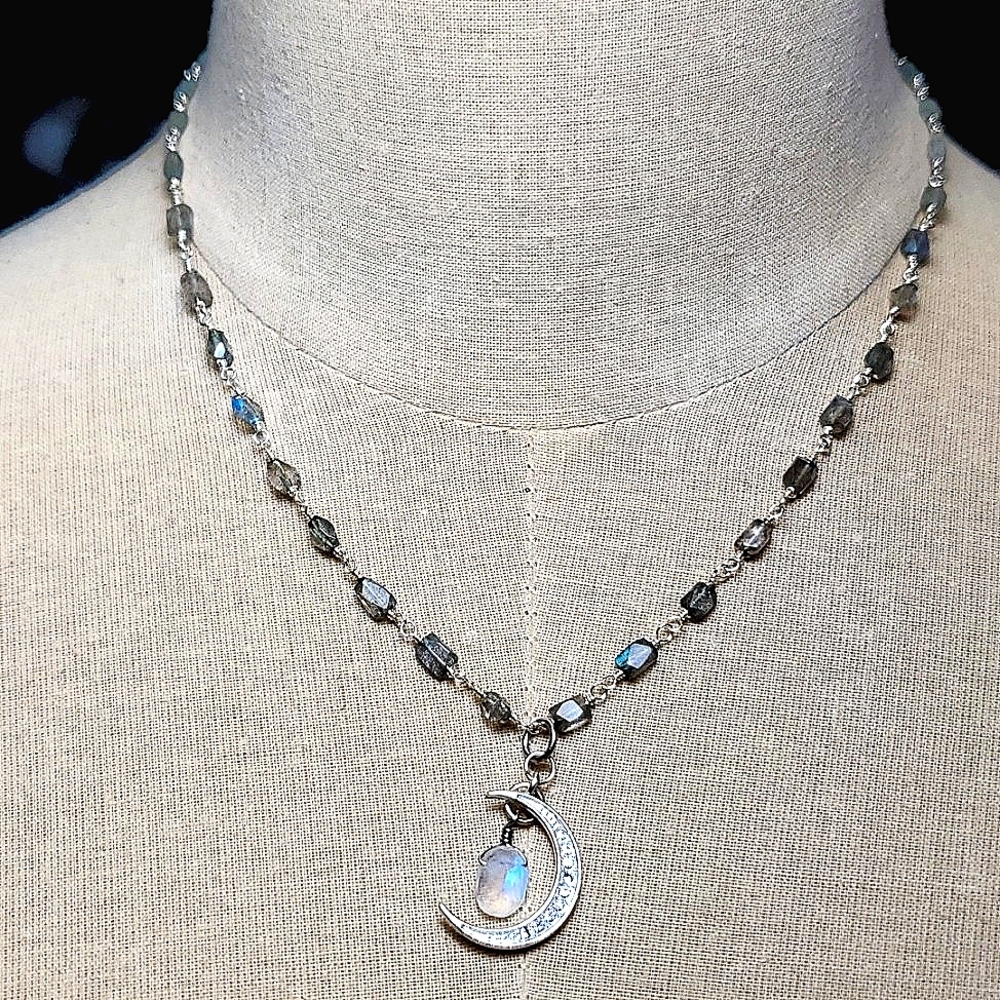 Pave moon charm silver necklace moonstone